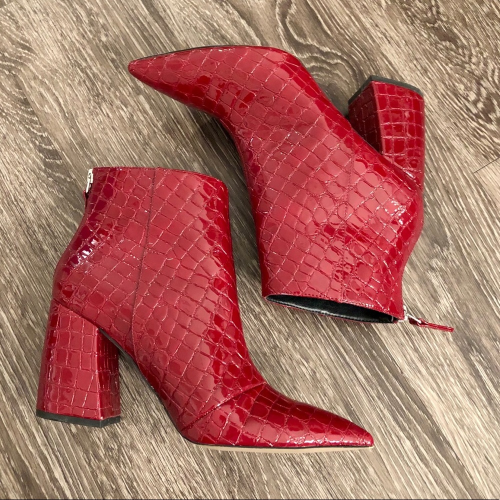 Topshop red croc pointed toe heeled boots
